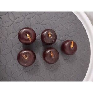 5 Vintage Handcrafted Turned Wooden 2 1/2" Fruit Apples Leather Stem Made USA